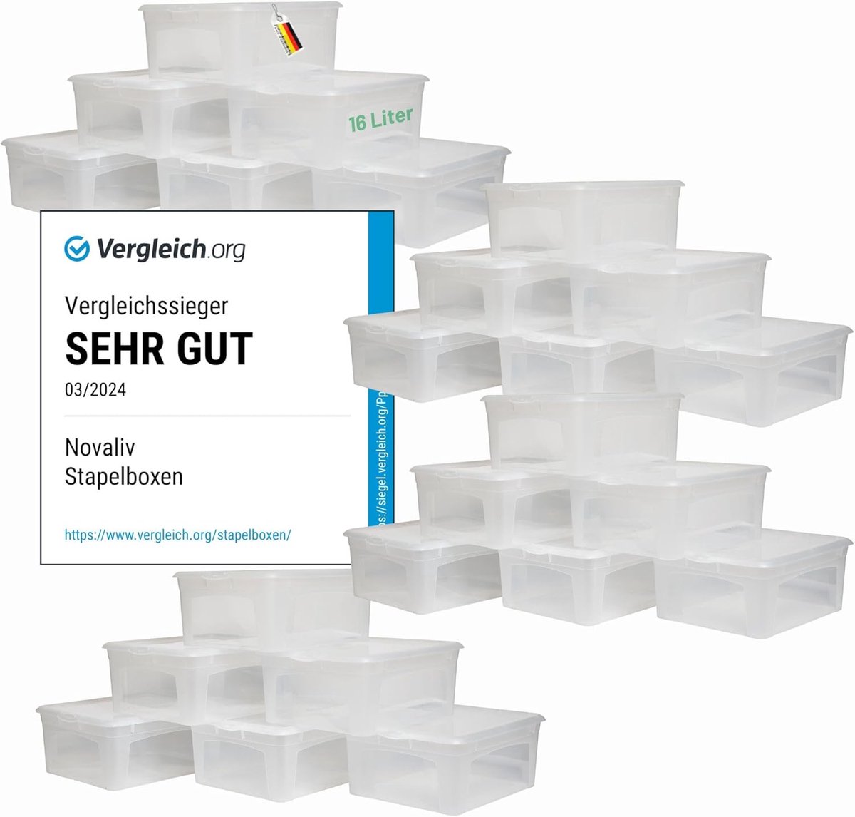 24x opbergdozen met deksel 16L transparante dozen stapelbaar nestbaar opbergdozen met clipsluiting kunststof BPA-vrij 41x34x17 cm