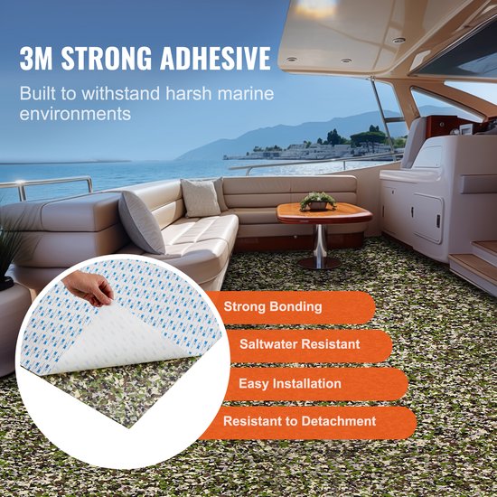 Plancher de bateau à motif camouflage, auto-adhésif, adhésif fort 3M, résistant à l'eau salée et au décollement.