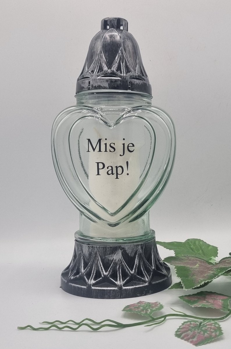 Herdenkingslicht - Mis je Pap! - P39a - Zilver - Transparant glas - Grafkaars - Graflicht - Graflantaarn - Windlicht