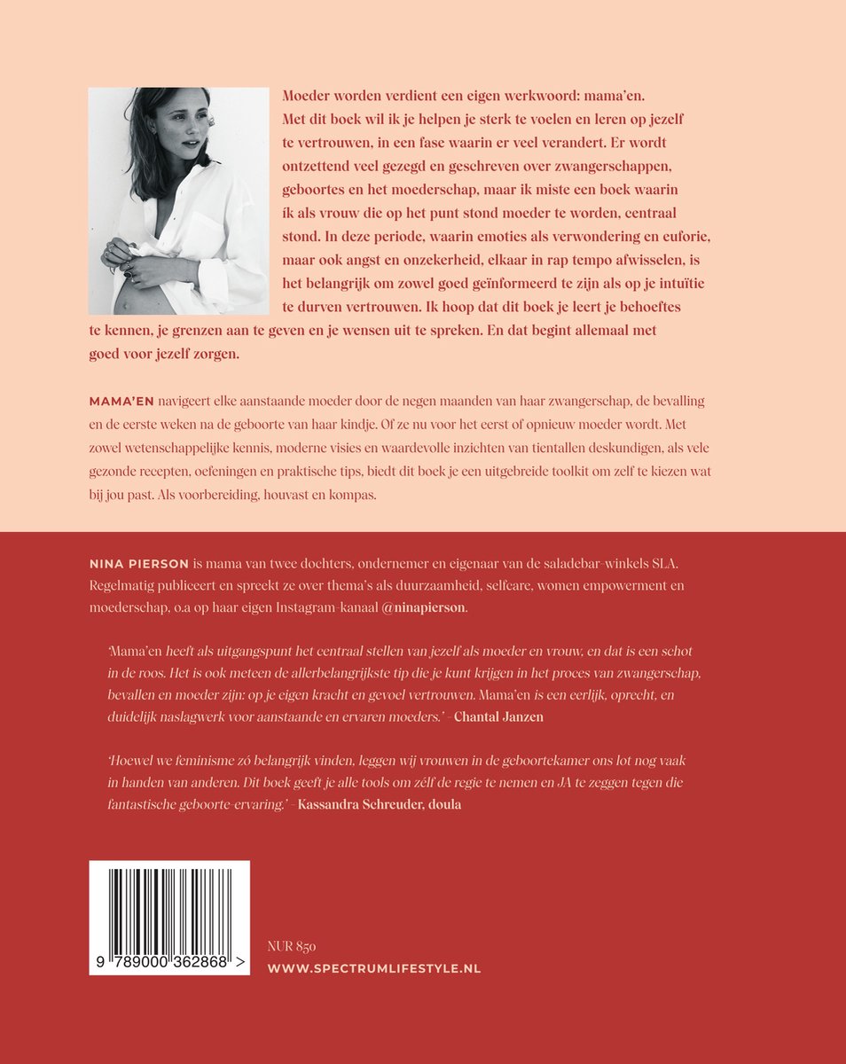 Pagina uit een boek met een foto van een zwangere vrouw. Tekst eronder beschrijft de inhoud van het boek 'Mama'en' en geeft informatie over de auteur Nina Pierson.