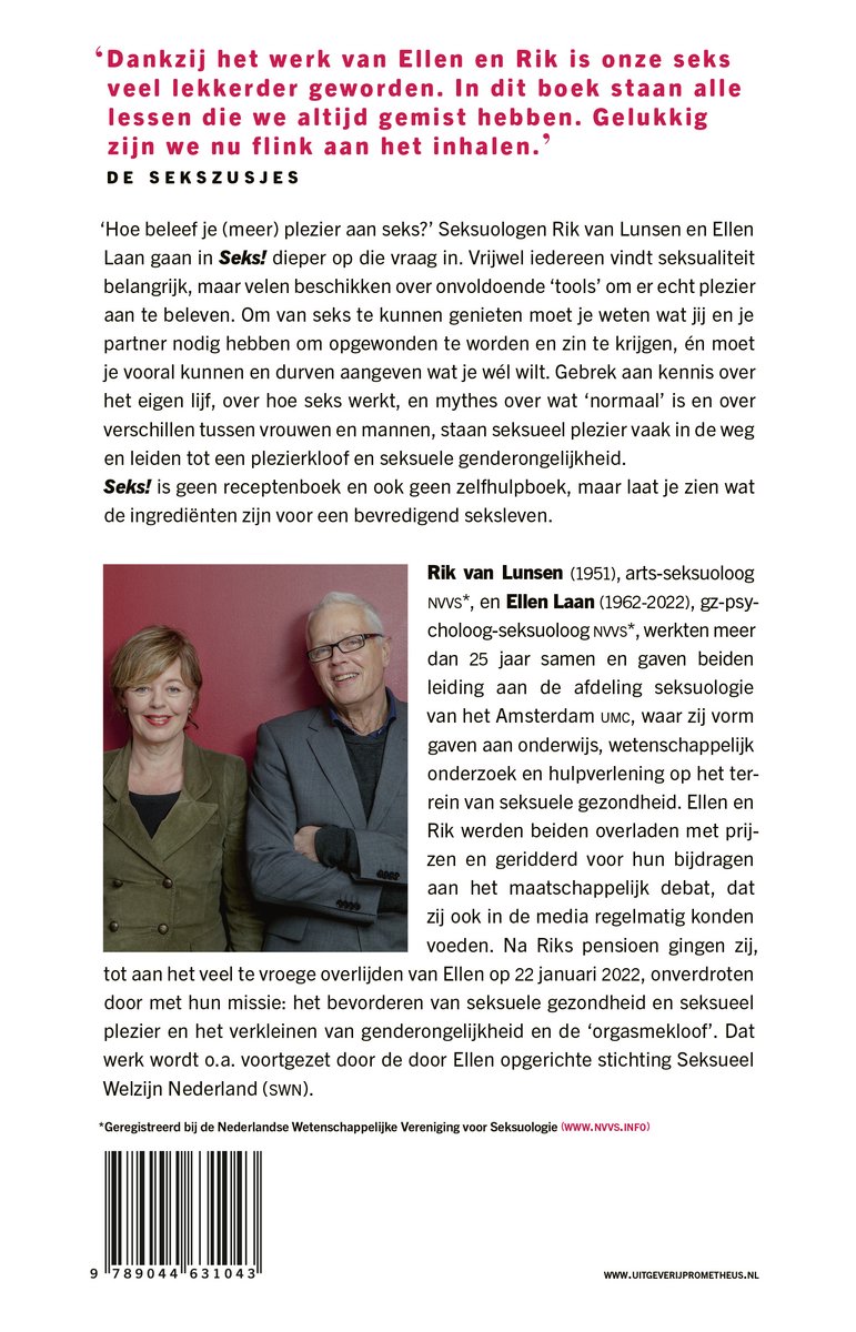 Boekcover 'Seks!' met grote zwarte letters. Foto van Ellen Laan en Rik van Lunsen. Tekst: 'Dankzij het werk van Ellen en Rik is onze seks veel lekkerder geworden. In dit boek staan alle lessen die we altijd gemist hebben. Gelukkig zijn we flink aan het inhalen.'