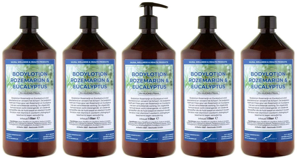 Bodylotion Rozemarijn & Eucalyptus 1 Liter - met gratis pomp - set van 5 stuks - Voordeelverpakking