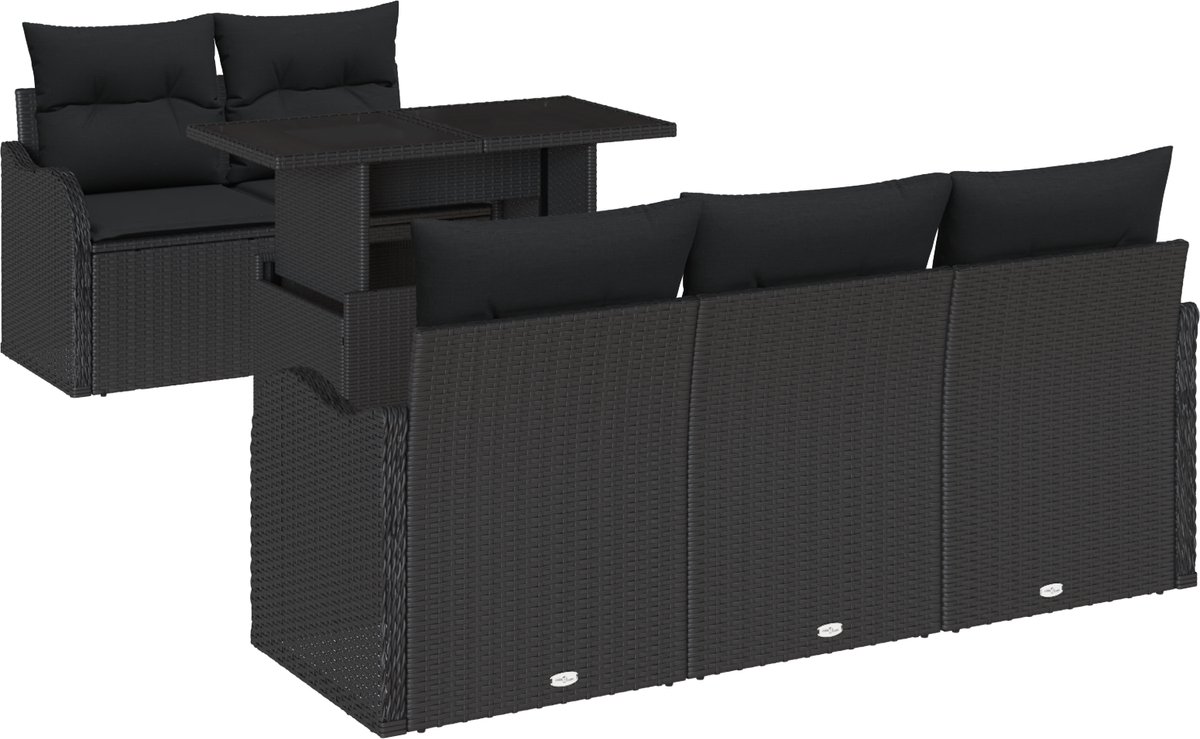 vidaXL - Tuinbank - Set - met - kussen - 6 - pcs - Zwart - poly - rattan