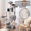 Arbre à chat gris avec des chats et le texte 'Système anti-basculement'.