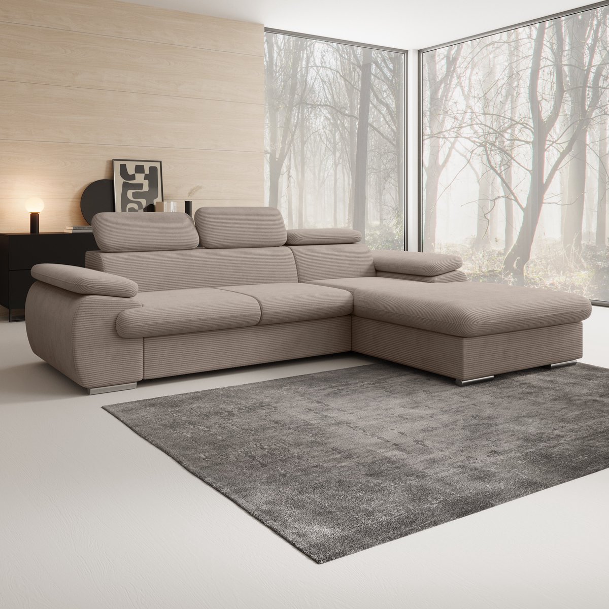 Meubella - Cordoba - Hoekbank 3-zits met chaise longue - Bruin - Ribstof - Rechts