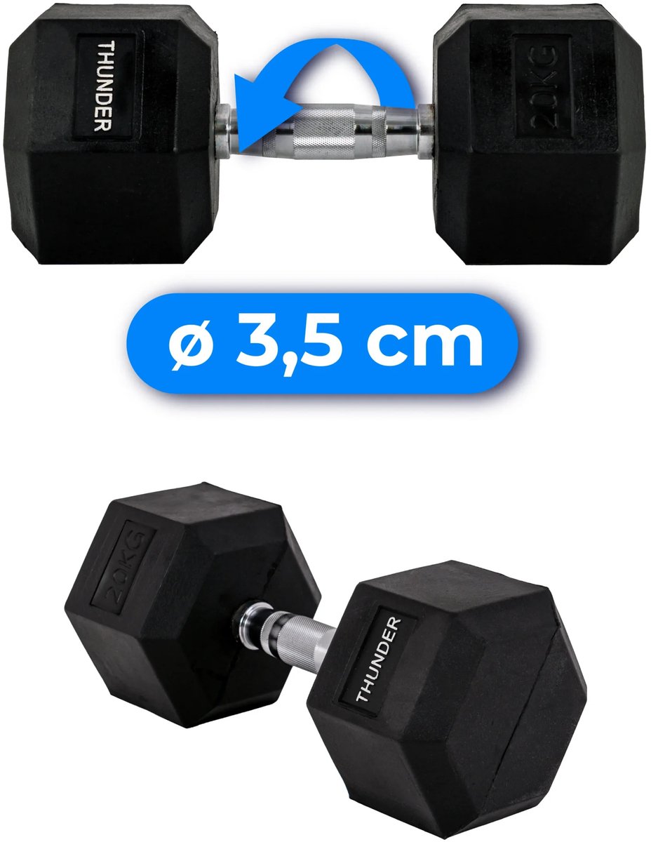 THUNDER® HEXAGONAL-DUMBBELLS-20KG Zwarte Rubberen Halter Stalen Kern Voor Krachttraining & Fitness Antislip Duurzaam & Professioneel Per Stuk - Stevige Grip – foto 3