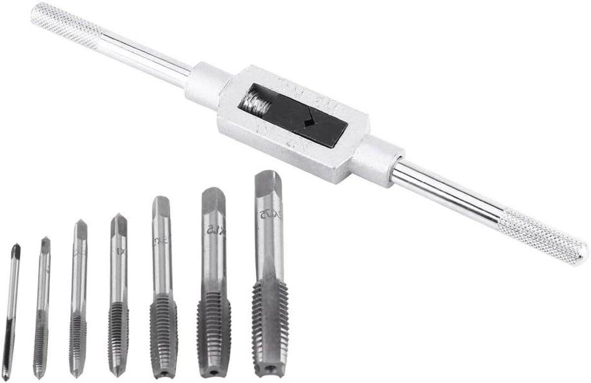 Allecto Plus - 7-delige set Metrische Draadtappen Verstelbare Metrische Draadsnijset Handmatig met Kraansleutel M3 M4 M5 M6 M8 M10 M12.