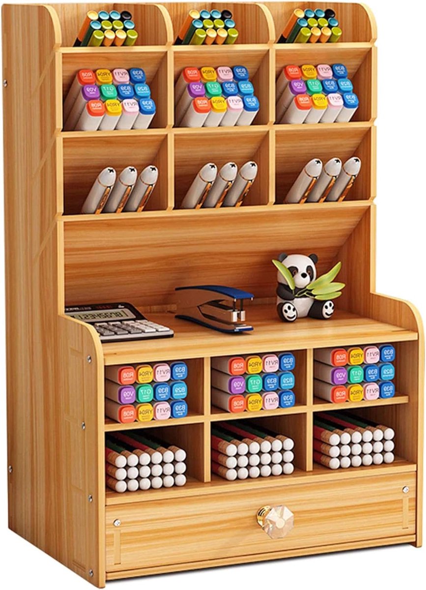 Famanu - Houten bureau-organizer Multifunctioneel bureaublad briefpapier Pennenhouder Doos voor thuiskantoor Schoolbenodigdheden Opbergrek met lade (Kers-b16)