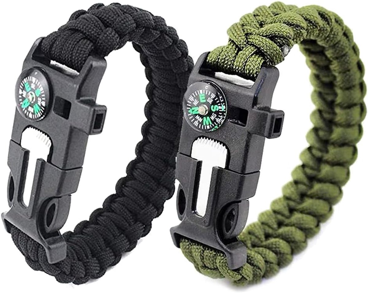 Campingarmbandenset - Overlevingsarmband 5 in 1 - 2 stuks - Zwart en Groen
