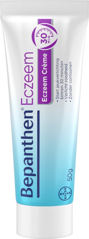 Tube Bepanthen Eczeem crème met een paars "30 min" logo en blauwe gradiënt.