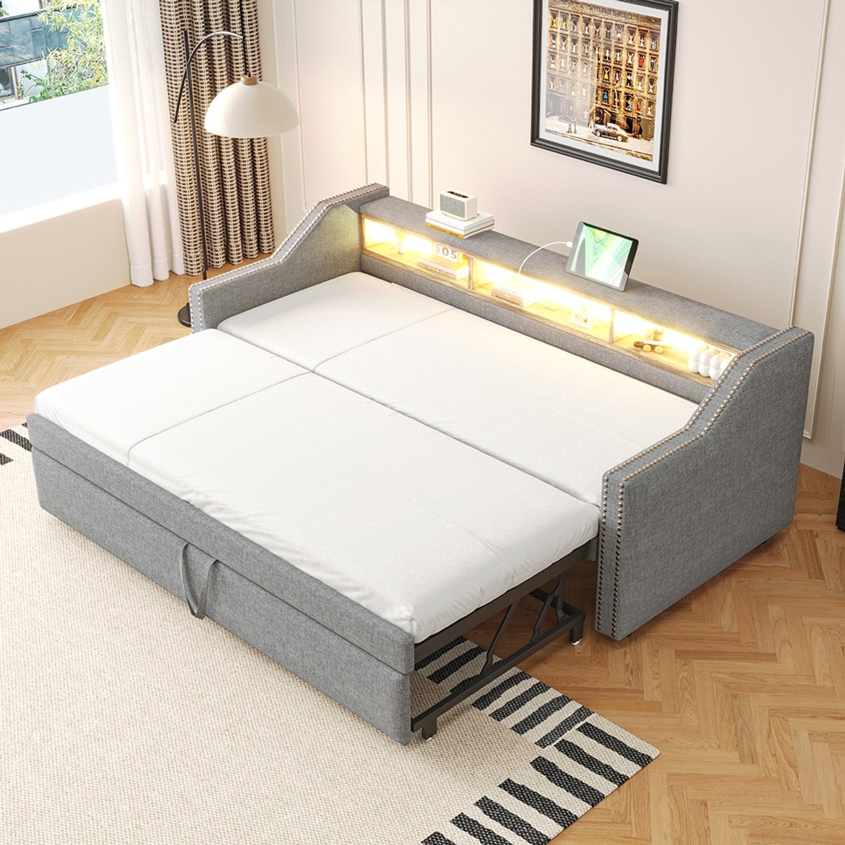 Pugsdrly Eenpersoonsbed Volwassen bed Enkel bed Sofa bed 90/180 x 190 cm LED licht en USB stopcontact Lichtgrijs