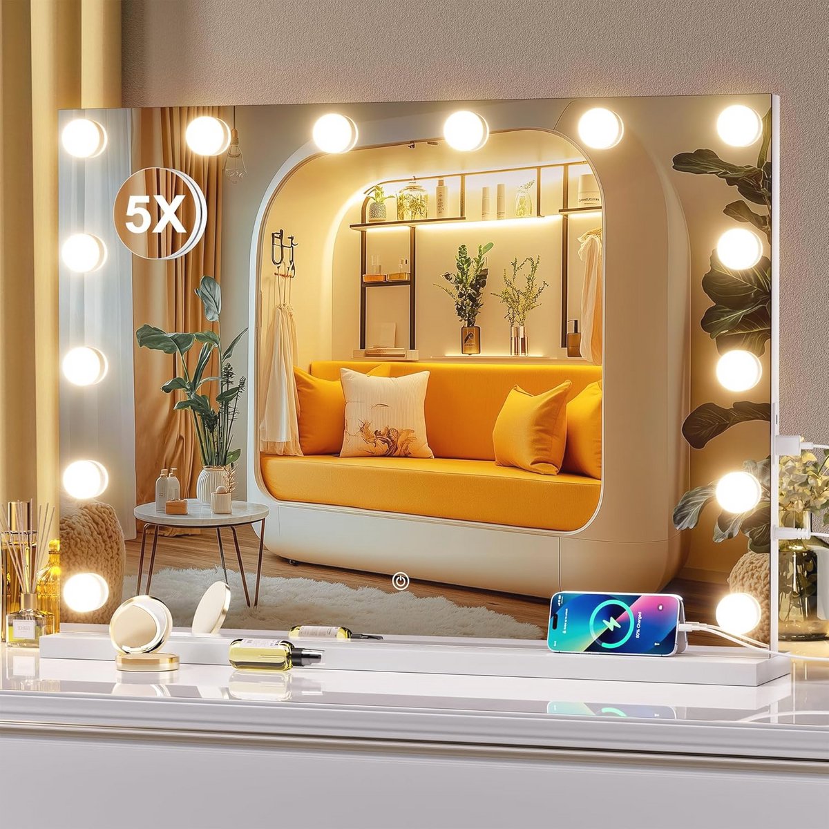 Verlichte Hollywood spiegel 70 x 50 cm met dimbare lampen en 3 lichtmodi