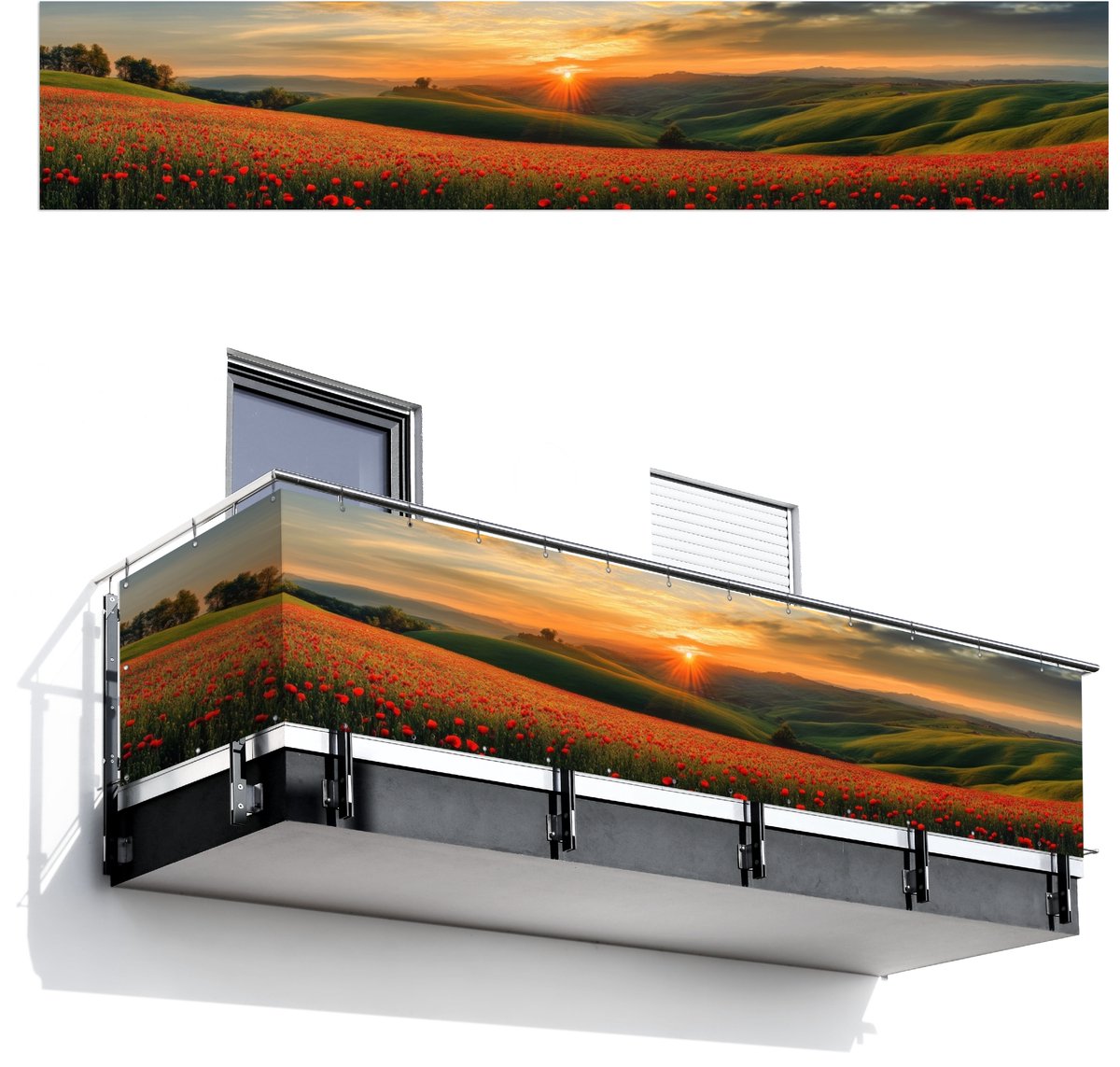 Balkonscherm 500x95 cm - Balkonposter Klaprozen - Bloemen - Heuvels - Zonsondergang - Balk