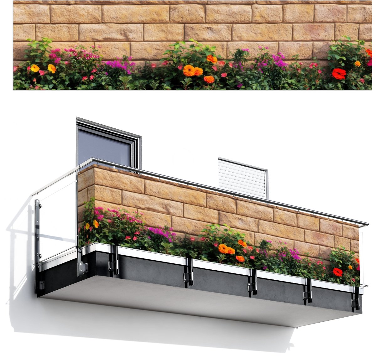 Balkonscherm 500x120 cm - Balkonposter Bloemen - Bakstenen - Kleurrijk - Balkon scherm decoratie - Balkonschermen - Balkondoek zonnescherm