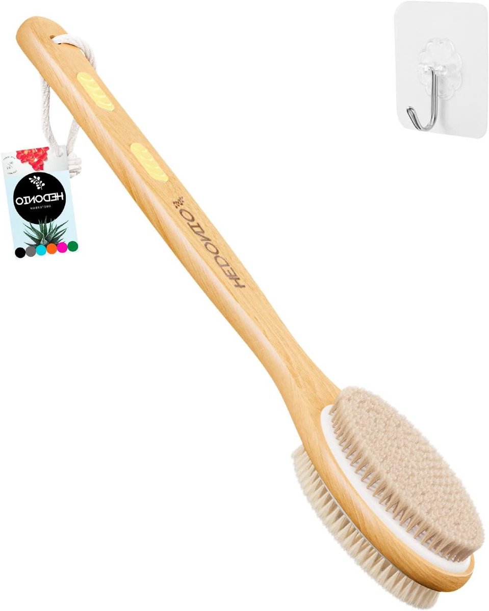 Lichaamsborstel met natuurlijke zachte en stijve haren - lange steel rugscrubber voor douche en bad gebruik voor droog borstelen exfoliëren wassen lymfedrainage droge huid cellulitis scrub