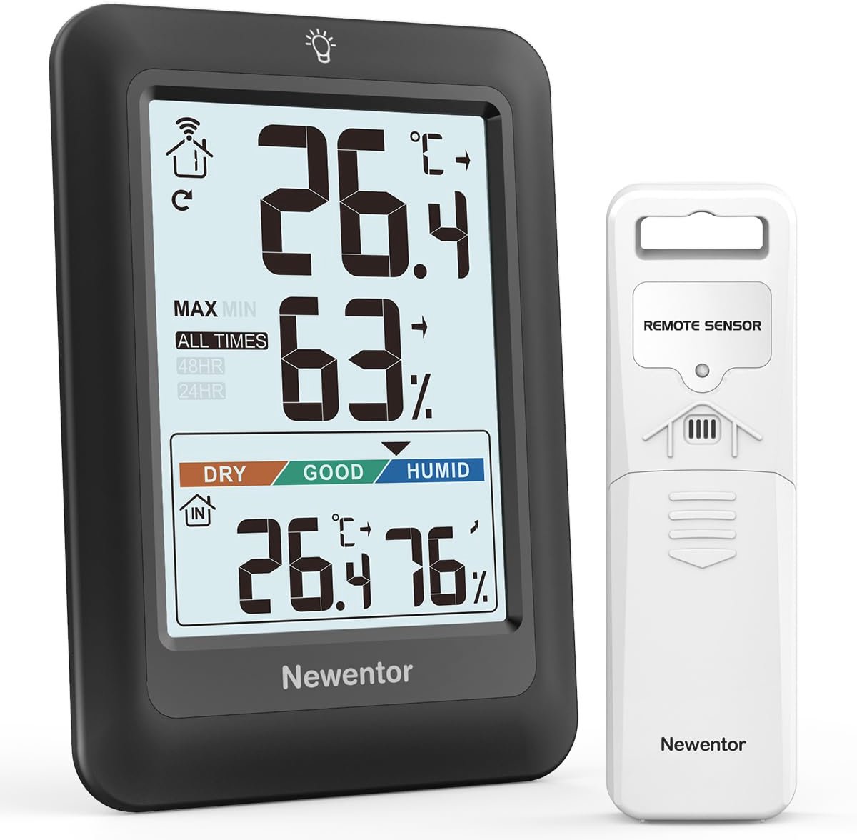 Draadloos Weerstation met Buitensensor - Maximale Min-Thermometer voor Binnen en Buiten, Hygrometer en Luchtvochtigheidsmeter, Verlichte Kamerthermometer, Zwart