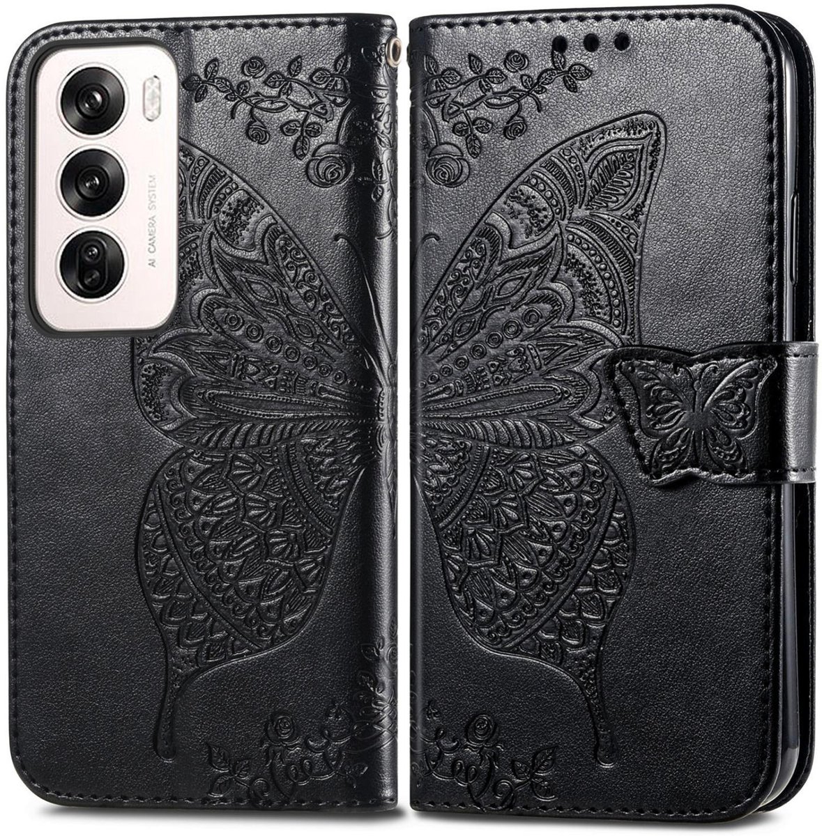 Mobigear Telefoonhoesje geschikt voor OPPO Reno 12 Pro Hoesje | Mobigear Butterfly Bookcase Portemonnee | Pasjeshouder voor 3 Pasjes | Telefoonhoesje voor Pinpas / OV Kaart / Rijbewijs - Zwart