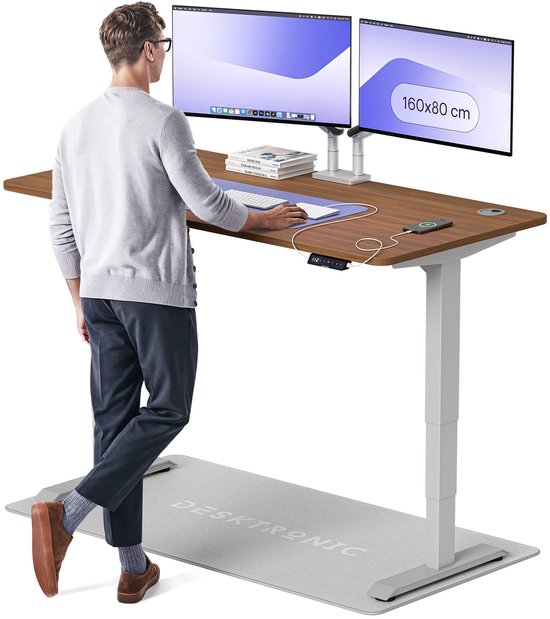 Desktronic HomePro Zit-sta Bureau Elektrisch In Hoogte Verstelbaar, 160x80cm Grijs/Notenhout, Stille Dubbele Motor, Hoogte 62-126cm