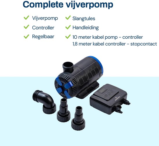 BluFlow Control 8.000 - Regelbare vijverpomp voor in vijver of droogopstelling - Geschikt voor filter waterval beekloop - Incl. controller - 8.000 l/uur - 18-80 watt