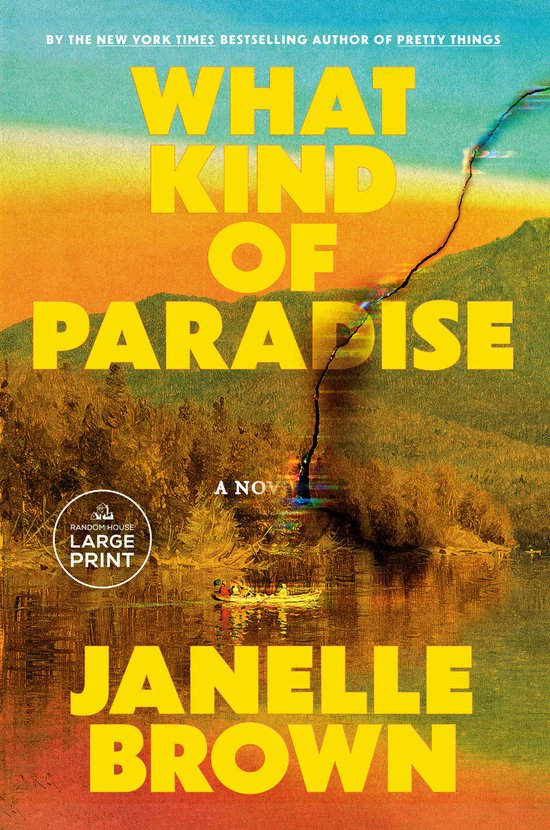 Boekcover 'What Kind of Paradise' met de titel in gele letters op een oranje en groene achtergrond. Op de achtergrond een meer met een bootje en bergen.