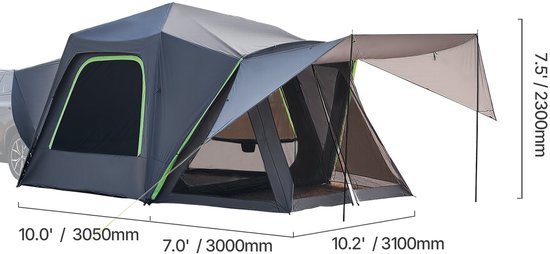 SUV Tent voor Kamperen - 10 ft L x 10 ft B. Een Waterdichte (PU2000 mm) Ruime Dubbellaagse Tent voor 5-8 personen. Wordt Geleverd met Luifel, Gaasramen van Veerbruun — afbeelding 5