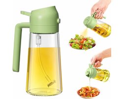 Olieverstuiver voor de keuken - Kook Olie Dispenser - 2-in-1 olijfolie dispenser fles voor de keuken - Glazen oliefles voor thuis - Oliever nevelaar van voeding skwaliteit voor airfryer, salade, frituren, grillen - Groen - 470 ml