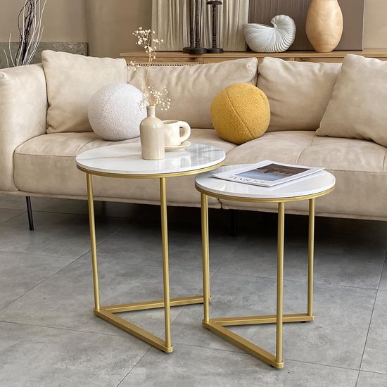 Lot De 2 Tables Basses Rondes Style Marbre Et Pieds Dorés - Dimensions 70x70x45 Cm Et 50x50x35 Cm - Design Moderne Salon