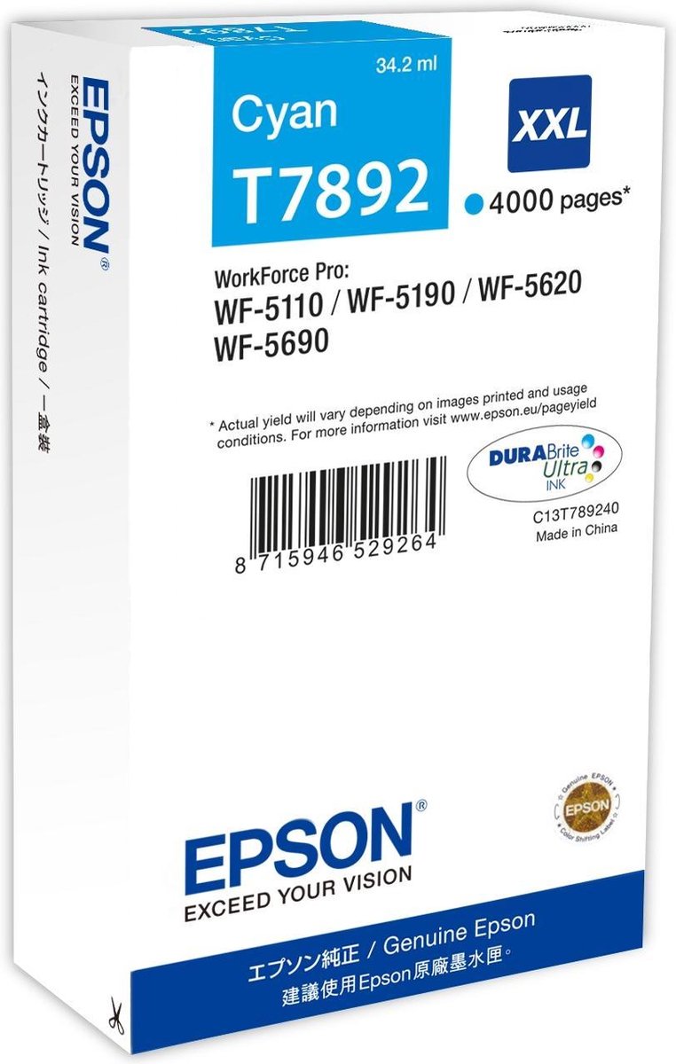Epson T7892XXL - Inktcartridge / Cyaan / Extra Hoge Capaciteit