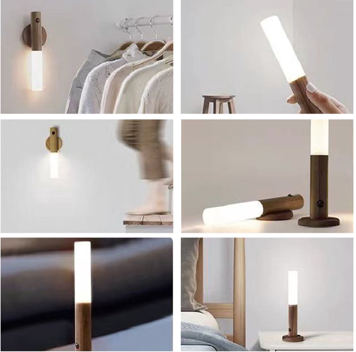 VOMI Draadloze led-wandlamp voor binnen, met bewegingssensor, batterij, USB- oplaadbaar, magnetisch, houten nachtlampje, kastlicht, wandverlichting, ganglamp, keuken, trappenhuis, enz