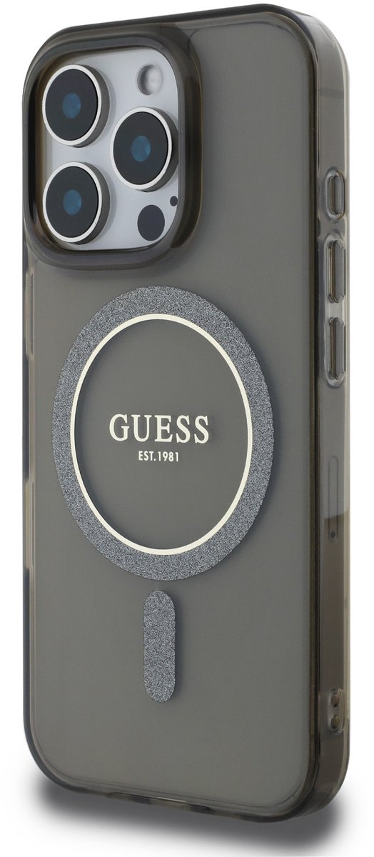 GUESS, Magsafe hoesje Geschikt voor Apple iPhone 16 Pro Max met glittercirkel, Zwart