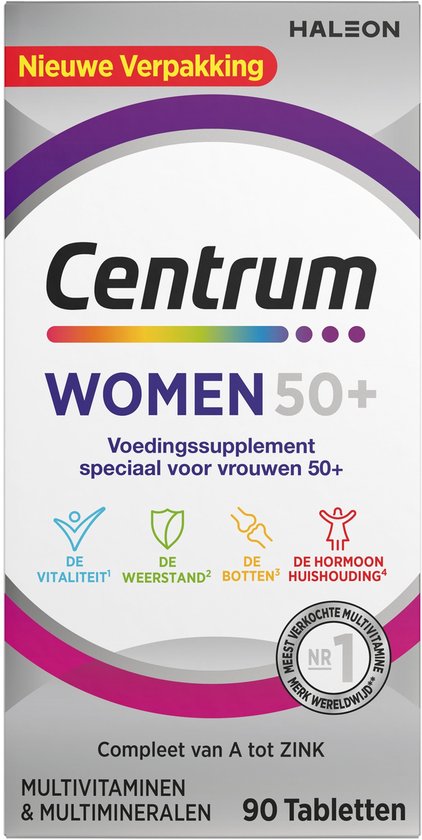 Centrum WOMEN 50+ voedingssupplement. Witte doos met paarse en grijze accenten. Met 'Nieuwe Verpakking' in rood.