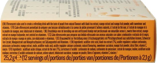 Zijkant van de waterdrop Ice Tea Peach doos met ingrediënten, bereidingswijze en barcode.