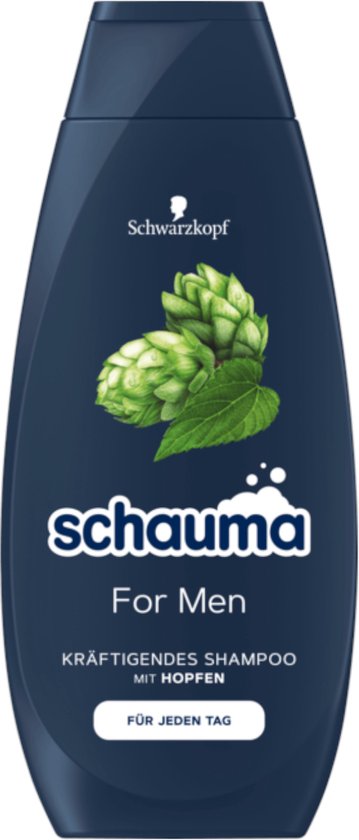Donkerblauwe fles shampoo For Men van Schwarzkopf met afbeelding van hop en tekst "schauma".
