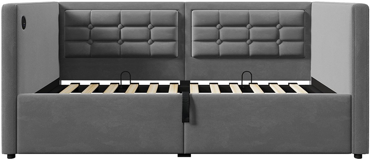 Pugsdrly Slaapbank 90x200cm zonder matras Eenpersoonsbed Grijs Fluwelen bed met hydraulische opbergruimte USB en TypeC aansluiting met lattenbodem