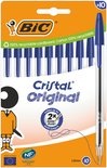 Verpakking met 10 blauwe BIC Cristal pennen, transparante huls, blauwe dop en clip. 1.0mm punt.