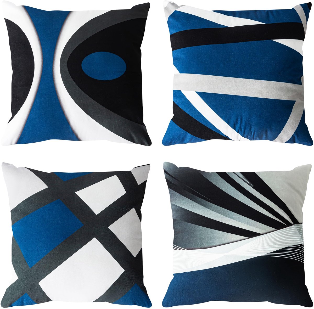 Ibenzoa Donkerblauwe Abstracte Kussenhoezen – 40 x 40 cm – Moderne Strepen in Grijs en Wit donkerblauw en grijs