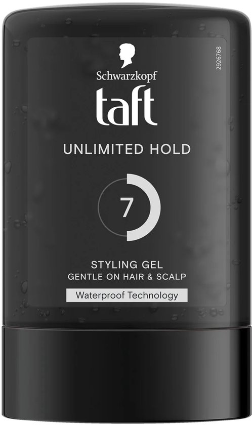 Zwarte tube Taft styling gel "UNLIMITED HOLD", hold 7, "GENTLE ON HAIR & SCALP", "Waterproof Technology".