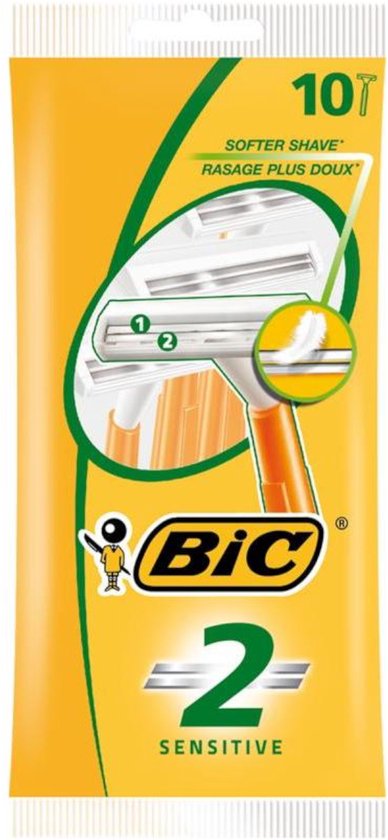 Verpakking van 10 BIC 2 Sensitive wegwerpscheermesjes. "SOFTER SHAVE" staat op de verpakking.