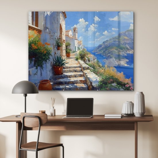 MuchoWow® Glasschilderij 120x90 cm - Schilderij acrylglas - Trap - Huizen - Berglandschap - Zee - Foto op glas - Muurdecoratie woonkamer - Wanddecoratie slaapkamer - Schilderijen