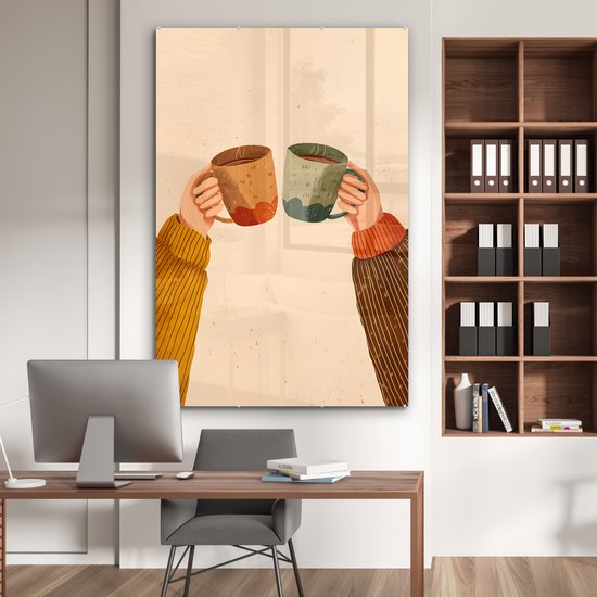 MuchoWow® Glasschilderij 100x150 cm - Schilderij acrylglas - Illustratie - Mokken - Proosten - Bruin - Foto op glas - Muurdecoratie woonkamer - Wanddecoratie slaapkamer - Schilderijen