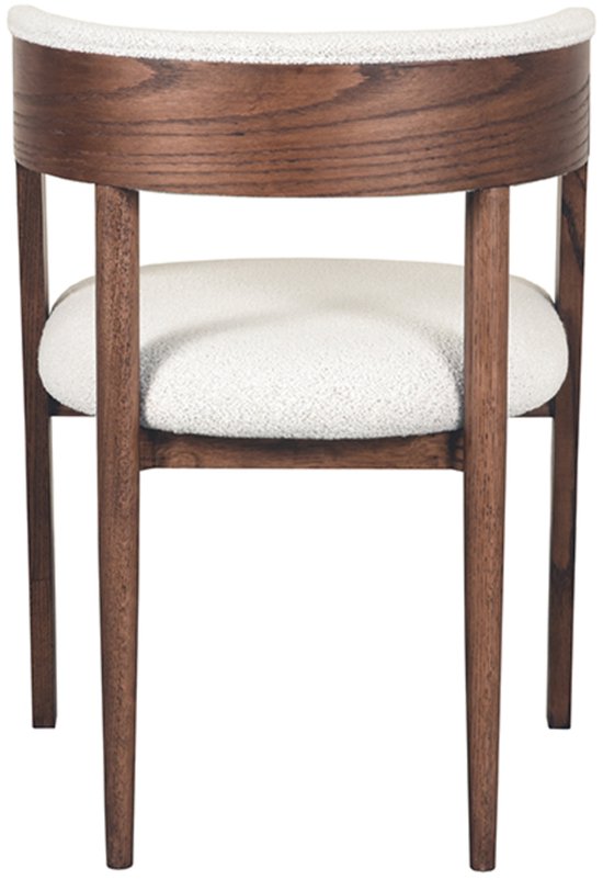 Eetkamerstoel met witte teddy bekleding en een walnoot houten frame, achterzicht.