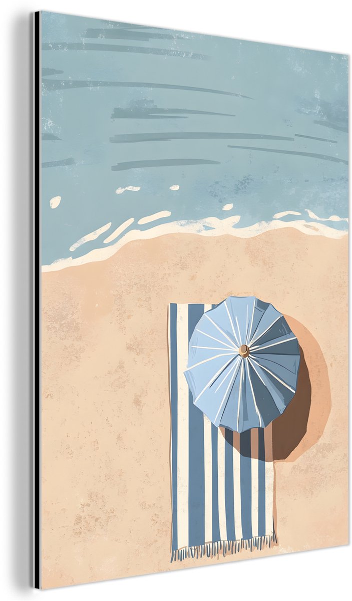 Aluminium schilderij 90x120 cm - Wanddecoratie metaal - Strandlaken - Strepen - Parasol -