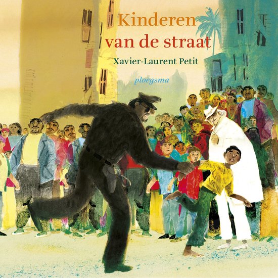 Illustratie van een politieagent die een jongen in een geel shirt vasthoudt, omringd door een menigte.