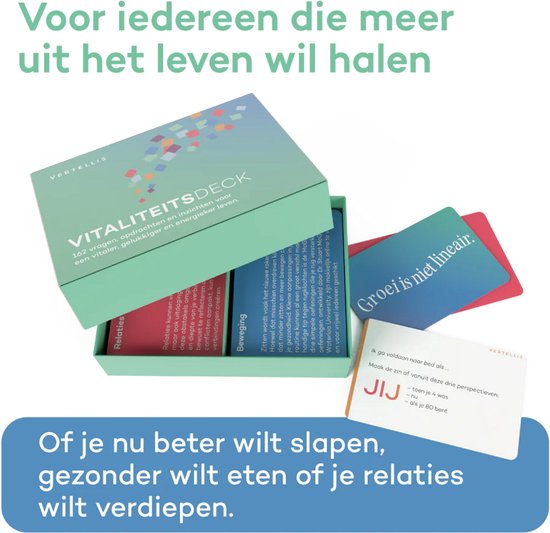 Vertellis Vitaliteit Deck: Een spel met 162 vragen, opdrachten en inzichten voor een vitaler, gelukkiger en energieker leven. Met tekst 'Groei is niet lineair.'