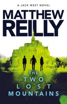 Boekomslag: 'The Two Lost Mountains' door Matthew Reilly met drie silhouetten voor een felgroen kasteel.