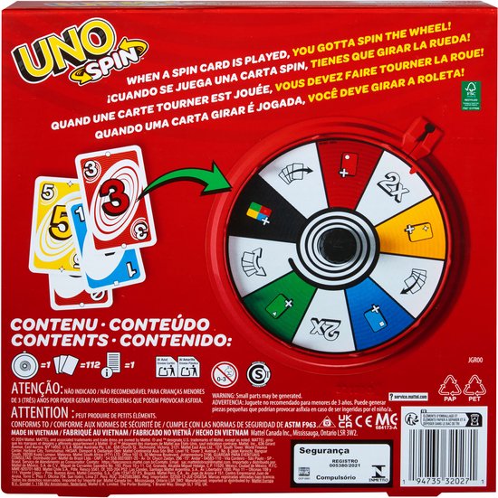 Achterkant van de UNO Spin doos met informatie, rode spinwiel, speelkaarten en logo's.