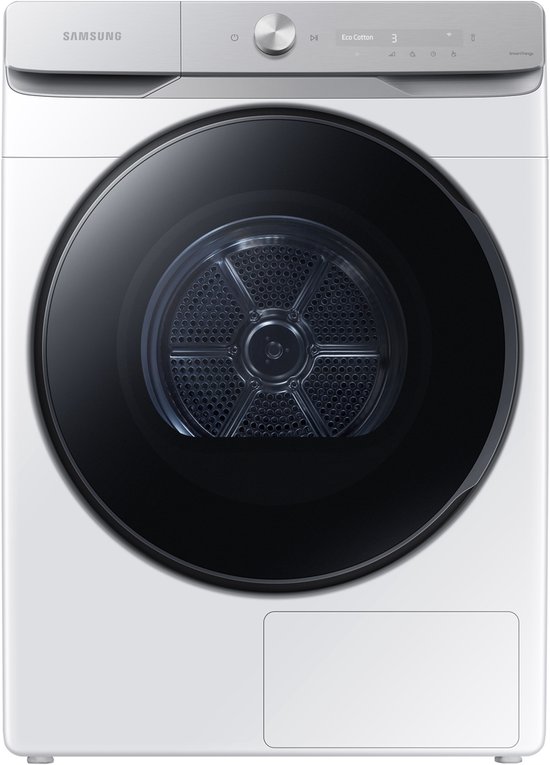 Witte Samsung wasdroger met een grote zwarte ronde deur en een zilverkleurig bedieningspaneel.