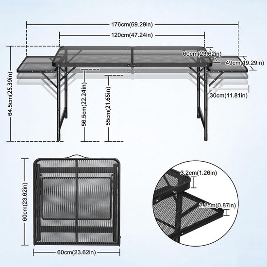 Aufun draagbare campingtafel, inklapbare multifunctionele tafel 120 x 60 x 55 cm, 3-voudig in hoogte verstelbaar, grilltafel met metalen roosterblad, opvouwbare tuintafel, bijzettafel voor strand en picknick van Aufun — afbeelding 2