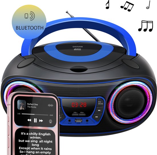 Denver Draagbare Radio CD Speler Kinderen - Bluetooth - Lichteffecten - Boombox - AUX - FM - TCL212BT - Blauw