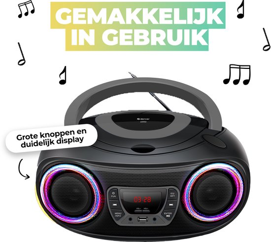 Denver Draagbare Radio CD Speler Kinderen - Bluetooth - Lichteffecten - Boombox - AUX - FM - TCL212BT - Grijs